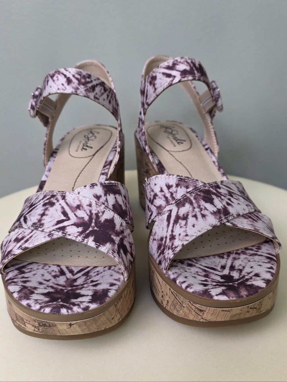 LifeStride Neutral Platform Sandals Cork Block Heel Purple Shibori 7.5M NEW!! - Picture 5 of 15